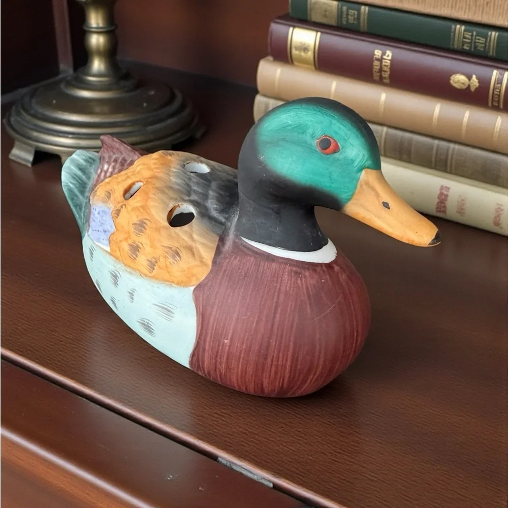 Vintage Ceramic Mallard Duck Pencil Pen Holder Paper Weight Office Desk Decor